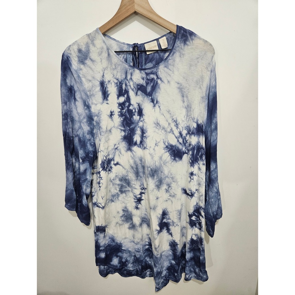 Chicos‎ Blue White Tie Dye Tunic Top Long Sleeve Keyhole Back Size 3 XL